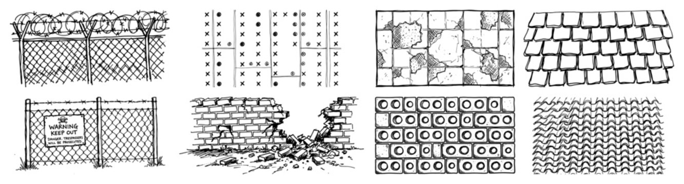 Architectural textures including brick walls wire fences and roof shingles in hand drawn sketch style