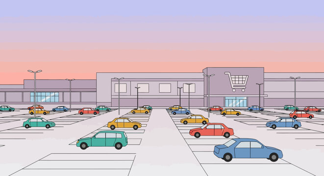 Cartoon Shopping Mall with Full Parking Lot at Sunset