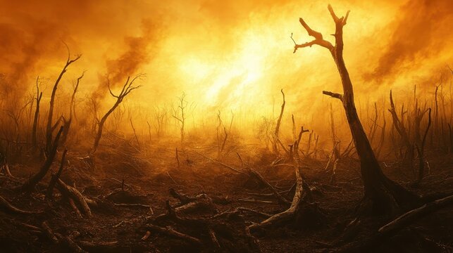 Barren landscape after widespread deforestation and forest fires, showing devastating human impact on nature and ecological crisis