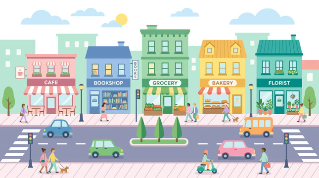 Charming cartoon cityscape showcasing diverse local businesses with people walking and cars.
