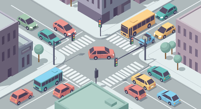 Busy City Intersection with Traffic and Vehicles, Isometric View