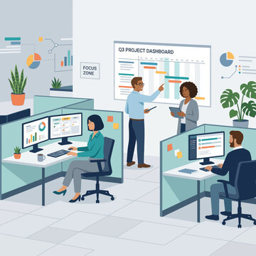 Business Team Analyzing Data Dashboard in Office