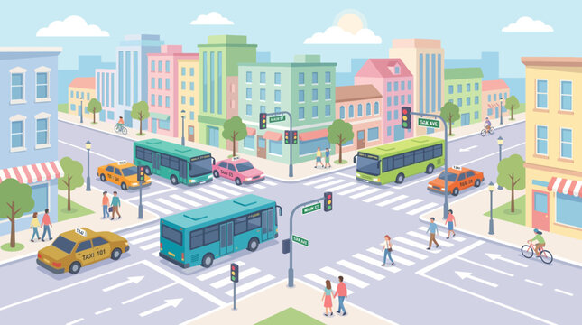 Busy city intersection with traffic lights, buses, cars, and pedestrians