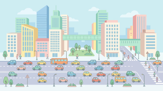 Cartoon City Traffic with Cars, Buildings, and Park - Urban Lifestyle