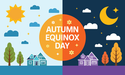 Fototapeta premium Vibrant Autumn Equinox Day vector illustration showing balanced bright sun and glowing moon scenes with cozy suburban homes.