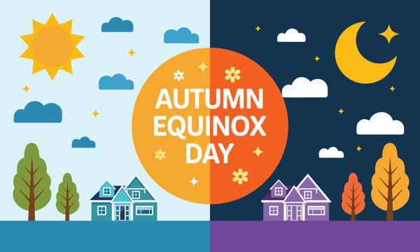 Vibrant Autumn Equinox Day vector illustration showing balanced bright sun and glowing moon scenes with cozy suburban homes.