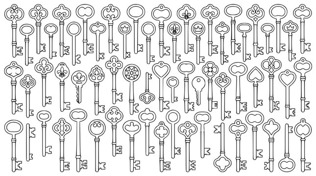 Large collection of vintage skeleton keys line art illustration