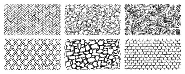 Building material textures including stone wall shingles and paving patterns in hand drawn sketch style © Amelia