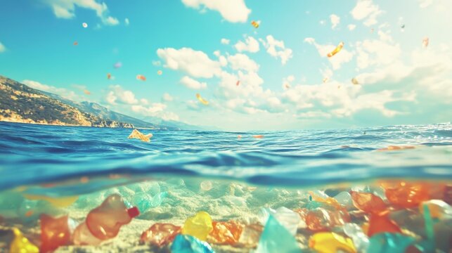Colorful plastic waste pollutes the ocean surface near a tropical tourist beach, highlighting a global environmental crisis and its impact.