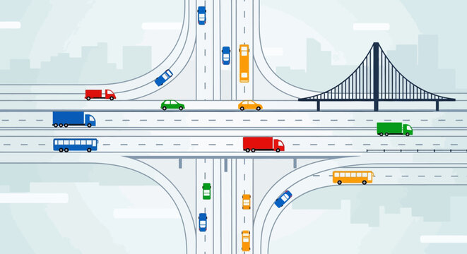 Cartoon highway intersection with vehicles, bridge, cityscape