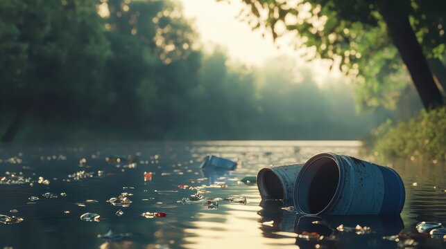 Discarded plastic containers floating on a polluted river surface near a treelined bank, highlighting environmental degradation.