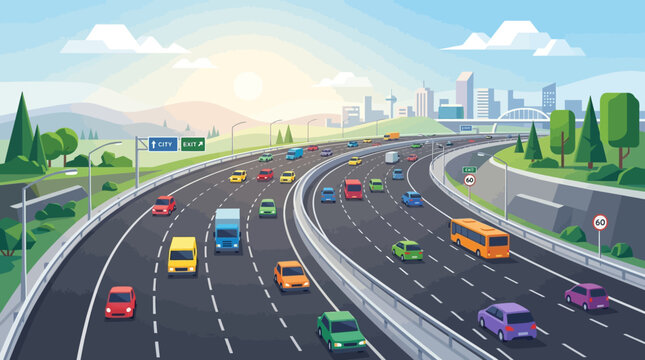 Busy Highway Traffic at Sunset, City Skyline, Cars, Trucks, Bus, Freeway, Transportation