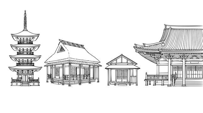 Traditional Japanese Architecture Line Art Set with Pagoda and Temple