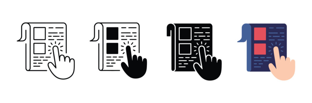 Set of document click icons, hand cursor clicking on a paper or report, vector illustration