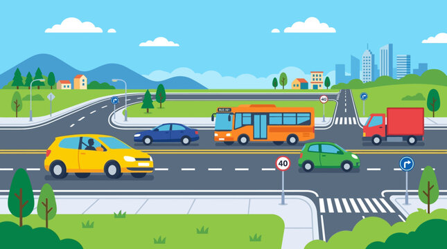 City traffic, cars, bus and truck on road, urban landscape with buildings