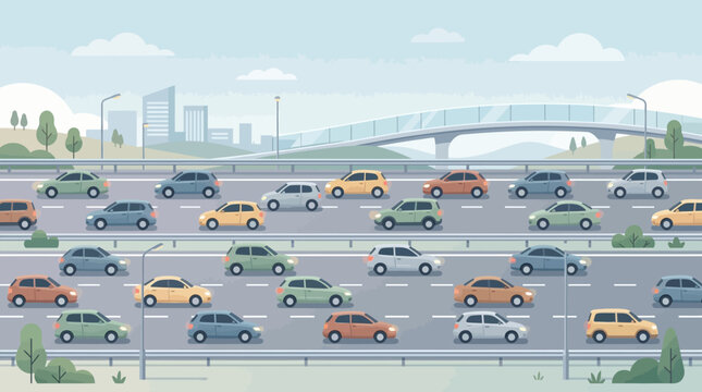 Busy highway traffic jam, city skyline background, modern illustration