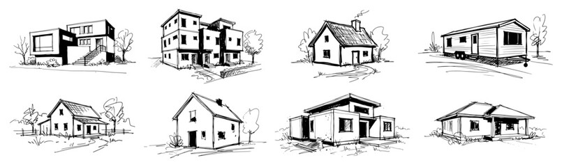 Various residential houses and small cottages collection in hand drawn sketch style © Amelia