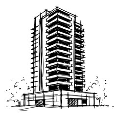 Modern high rise apartment building with multiple balconies in hand drawn sketch style © Amelia