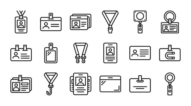 Collection of professional corporate identity id card line icons with various lanyard and badge holder designs on white background, symbolizing security identification or staff access control