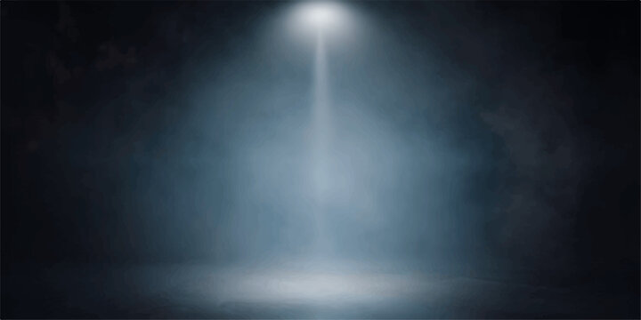 Spotlight on a dark smoky stage wall with fog, metal texture and stormy night atmosphere with silver and blue mist background
