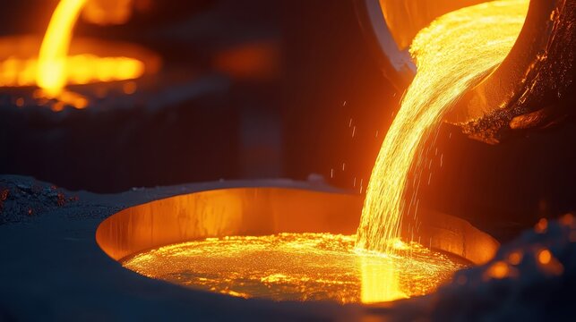 Fiery molten metal glowing intensely as it's poured into industrial molds, showcasing the powerful process of production.