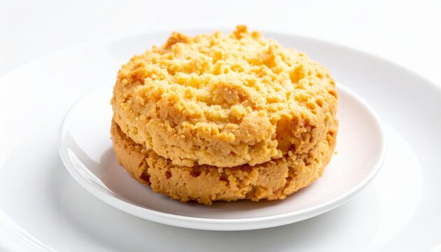Deliciously crumbly buttery shortbread biscuit stacked on a white plate, a golden baked sweet treat
