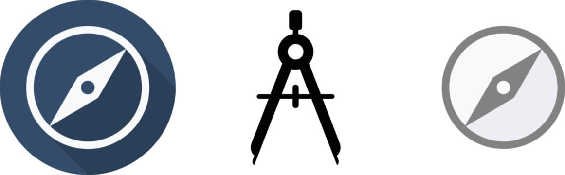 Navigation Compass Icon Set with Drawing Divider Caliper Symbols for Architecture Engineering Blueprint and Travel App Interface Designs