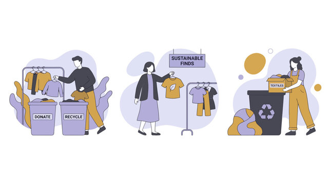 People sorting old clothes for donation and recycling while shopping for eco-friendly second hand apparel in a thrift store, symbolizing eco-conscious lifestyle choices and circular economy