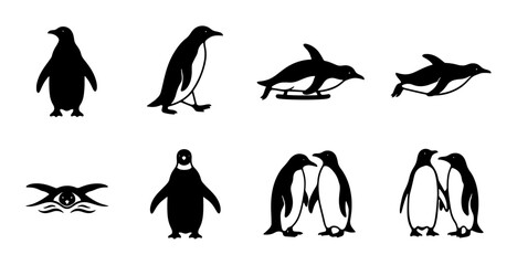 Diverse Penguin Vector Icons Set, Antarctic Wildlife Silhouettes, Cute Bird Poses, Winter Animals Collection, Graphic Elements for Design © Farzana
