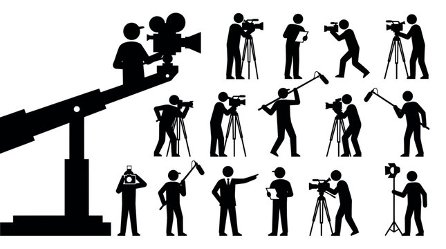 Silhouettes of film crew members including cameramen, jib operators and sound engineers on white background, illustrating movie production and provides media industry elements for broadcast