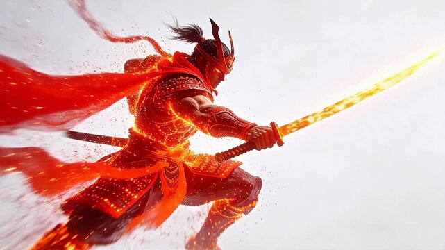 Warrior in red armor sprinting with sword and flaming cape in bright scene