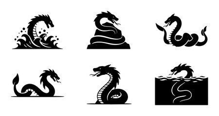 Naklejka premium Mythical Sea Serpent Icons, Ancient Dragon Vector Graphics, Legendary Water Monster Silhouettes, Folklore Creature Set