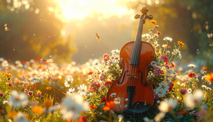 Violin in a field of flowers at sunset