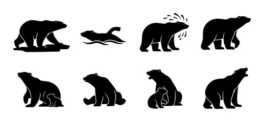 Polar Bear Silhouettes, Arctic Wildlife Poses, Cute Cub and Mother, Swimming Bear Vector Icons Set © Farzana