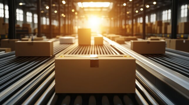 Industrial cardboard packaging boxes moving on a conveyor belt in a bright, sunlit factory production line