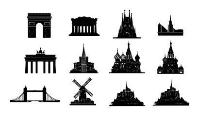 Obraz premium Global Landmark Silhouettes Collection, 12 Iconic Architectural Vector Icons for Travel and Tourism Design, Famous Buildings and Monuments