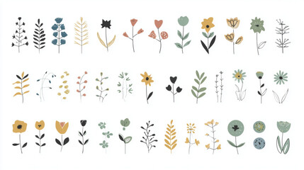 Obraz premium Collection of hand drawn floral elements and wildflower illustrations.
