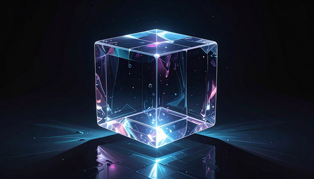 Glowing Crystal Cube with Neon Light Reflections on Dark Surface