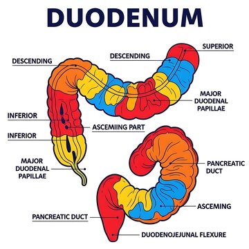 Anatomical diagram of the human duodenum with labeled parts.