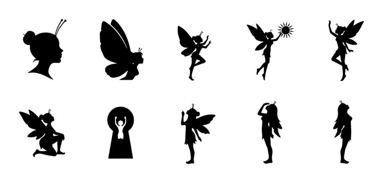 Magical Fairy Silhouettes Collection: Enchanting Winged Beings, Fantasy Creatures, and Mystical Keyhole Icon Set