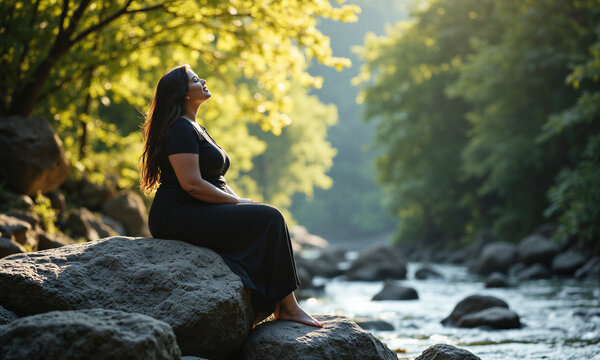 Woman nature meditation plus-size woman in a black dress sits on a river rock in a sunlit forest for peaceful meditation