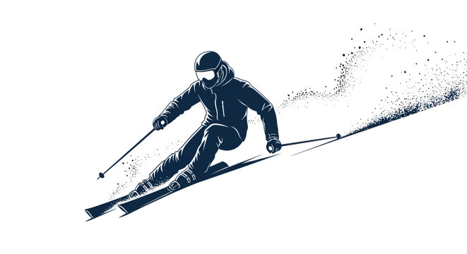 Skier in Action, Powder Snow Spray, Winter Sport, Downhill Skiing, Dynamic Motion