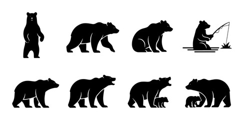 Bear Silhouette Collection: Wildlife Icons, Animal Poses, Nature Graphics, Fishing Bear, Mother and Cub © Shakil