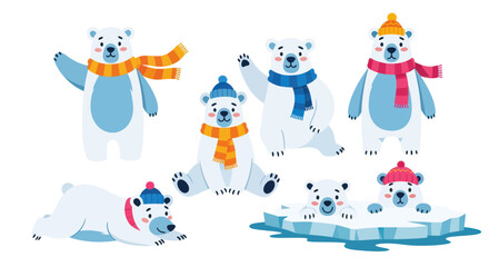 Cute Polar Bears in Winter Outfits - Vector Illustration Set © Teh