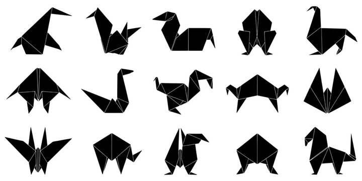 Crane origami paper birds in geometric black and white shapes for craft icons and decor on white background