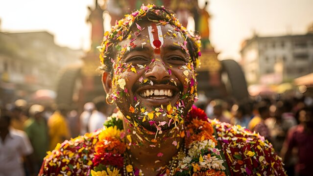 Smiling Indian man covered in flower petals during Rath Yatra festival in Odisha