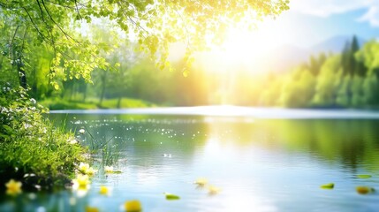 Fototapeta premium Sunlight dappling across a serene lake with reflections of trees and distant mountains on a bright summer day