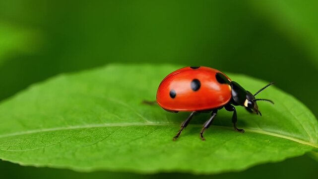 Ladybug on green leaf close up nature environment photography