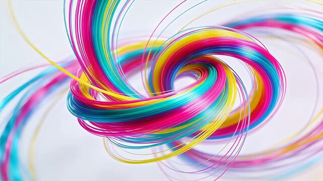 Abstract colorful intertwining lines forming a dynamic spiral shape on white background