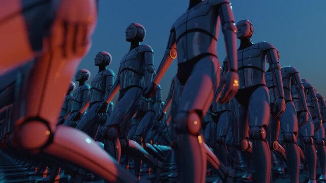 Seamless 3d animation VJ loop featuring an endless crowd of identical cyborgs. High-tech sci-fi army visualization with neon lighting. Abstract digital performance for your projects.